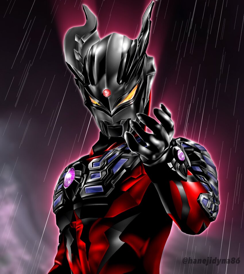 1boy alien armor black_skin black_sky bracelet breastplate cloud color_timer colored_skin commentary cupping_hand dark_clouds dark_persona eye_slugger forehead_jewel gem glowing glowing_eyes gradient_eyes hand_up hanejidyna86 highres jewelry looking_down male_focus multicolored_eyes multicolored_skin muscular muscular_male no_pupils open_hand orange_eyes outdoors pectorals rain red_gemstone red_skin shoulder_armor sky solo tokusatsu twitter_username two-tone_skin ultra_bracelet_(ultraman_zero) ultra_galaxy_(series) ultra_galaxy_fight:_new_generation_heroes ultra_series ultraman_zero ultraman_zero_darkness upper_body wrinkled_skin yellow_eyes