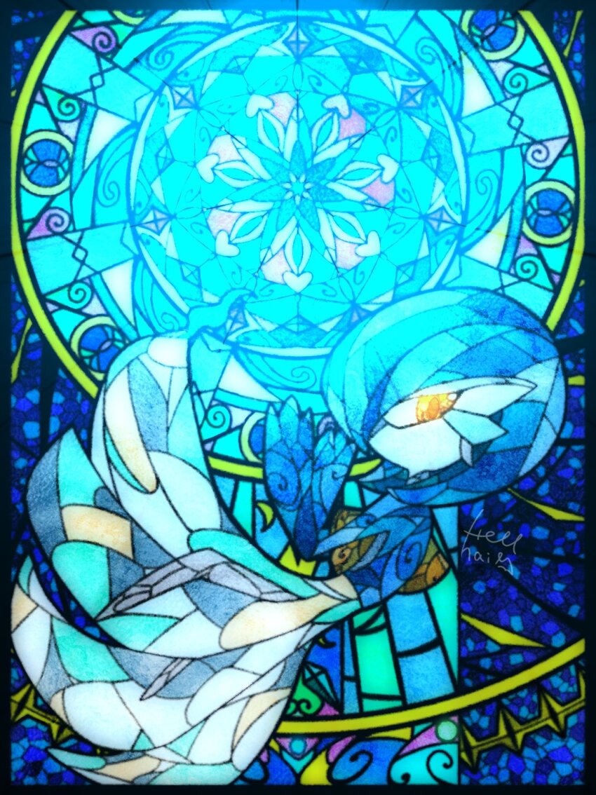 alternate_color blue_hair blue_skin colored_skin dress from_side gardevoir gen_3_pokemon highres multicolored_skin nintendo noive_n71 orange_eyes pokemon pokemon_(creature) shiny_pokemon signature stained_glass two-tone_skin white_dress white_skin