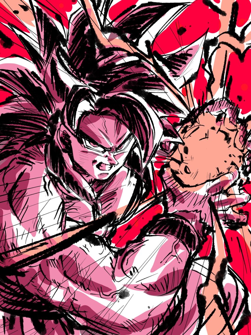 1boy black_hair blue_sash body_fur dougi dragon_ball dragon_ball_gt highres kamehameha_(dragon_ball) long_hair looking_at_viewer male_focus monkey_boy monkey_tail muscular muscular_male no_nipples pants pectorals red_fur rz28kp saiyan sash solo son_goku spiked_hair super_saiyan super_saiyan_4 tail