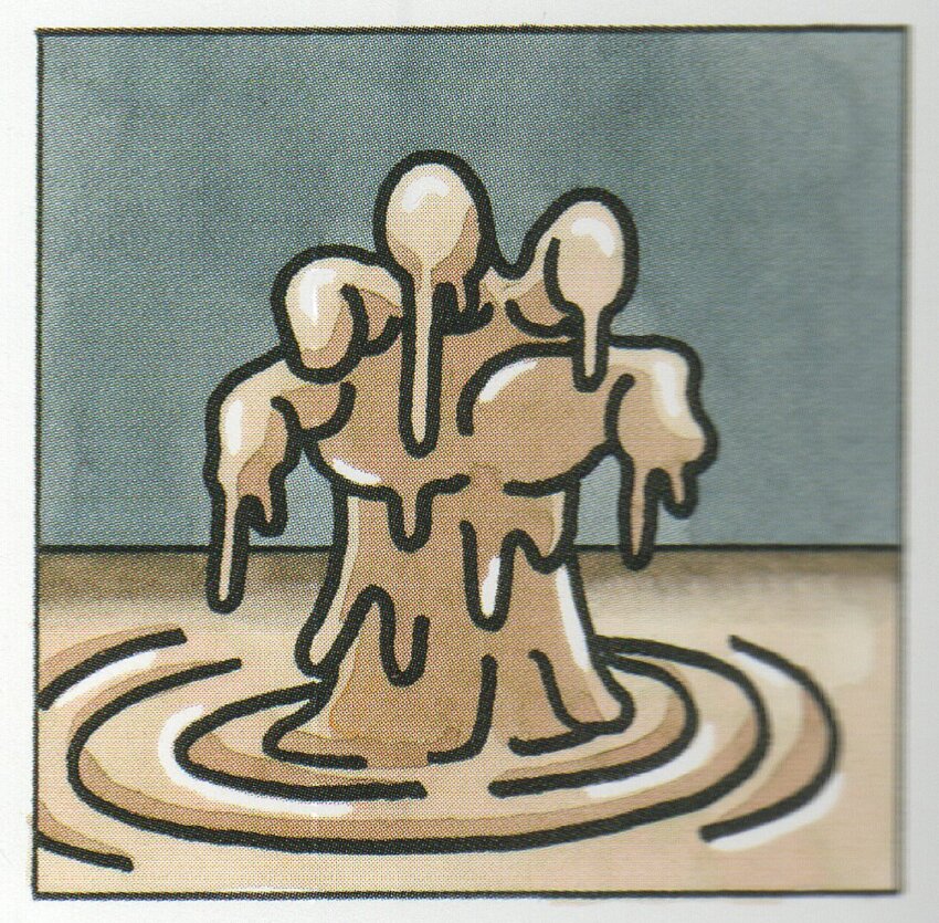 1980s_(style) aqua_background border creature creature_focus dragon_quest dripping hand_focus mud muddy_hand no_humans official_art oldschool retro_artstyle scan third-party_source toriyama_akira white_border
