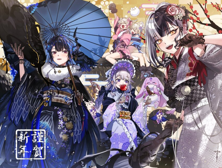 5girls asymmetrical_horns black_hair blue_hair breasts colored_inner_hair demon_horns fuwawa_abyssgard fuwawa_abyssgard_(new_year) geow_(koseki_bijou) hair_ornament hololive hololive_english horns japanese_clothes kimono koseki_bijou koseki_bijou_(new_year) long_hair mococo_abyssgard mococo_abyssgard_(new_year) mole mole_under_eye multicolored_hair multiple_girls nerissa_ravencroft nerissa_ravencroft_(new_year) official_alternate_costume official_alternate_hairstyle perroccino_(fuwamoco) red_eyes shiori_novella shiori_novella_(new_year) snake split-color_hair two-tone_hair uneven_horns virtual_youtuber yomosaka yorick_(shiori_novella)