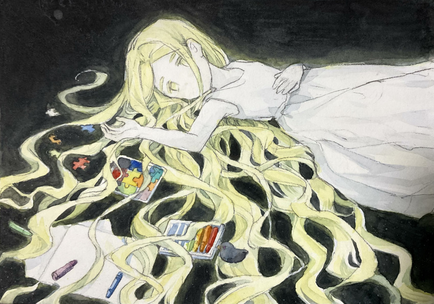 1girl absurdres arm_up bird black_background black_bird blonde_hair crayon dongfang_shuyechu dress hair_spread_out highres identity_v long_hair looking_at_viewer lying memory_(identity_v) on_back painting_(medium) paper puzzle_piece sleeveless sleeveless_dress solo traditional_media upper_body very_long_hair watercolor_(medium) wavy_hair white_dress yellow_eyes