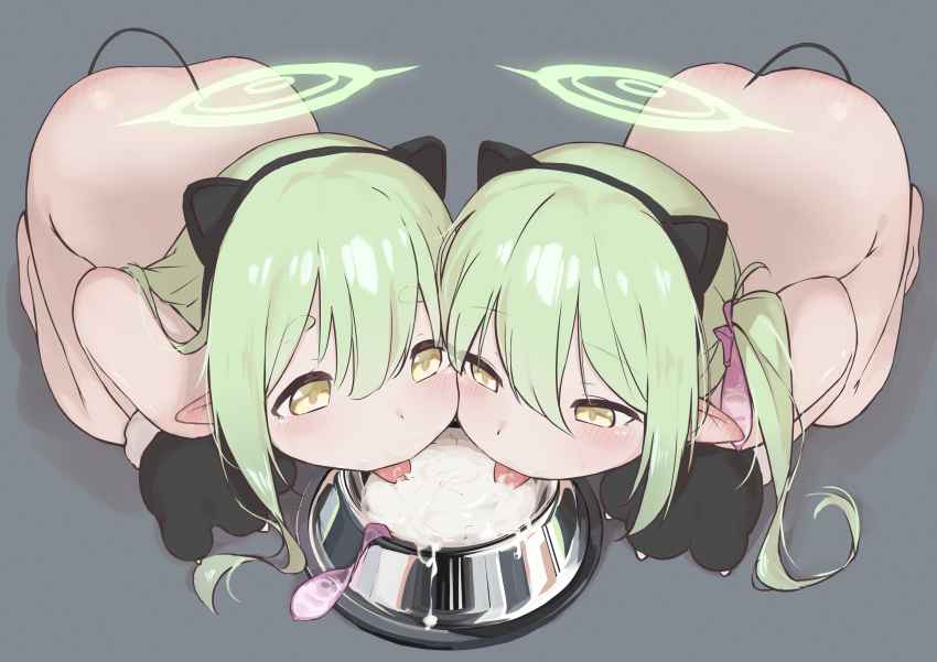 2girls absurdres all_fours animal_ears back bdsm blue_archive bowl cat_ears cat_paws condom cum cum_in_container fake_animal_ears gokkun green_eyes green_halo grey_background halo highres hikari_(blue_archive) loli long_hair multiple_girls nozomi_(blue_archive) pet_bowl pet_play rainnico simple_background slave stray_pubic_hair tongue tongue_out top-down_bottom-up twintails used_condom yellow_eyes