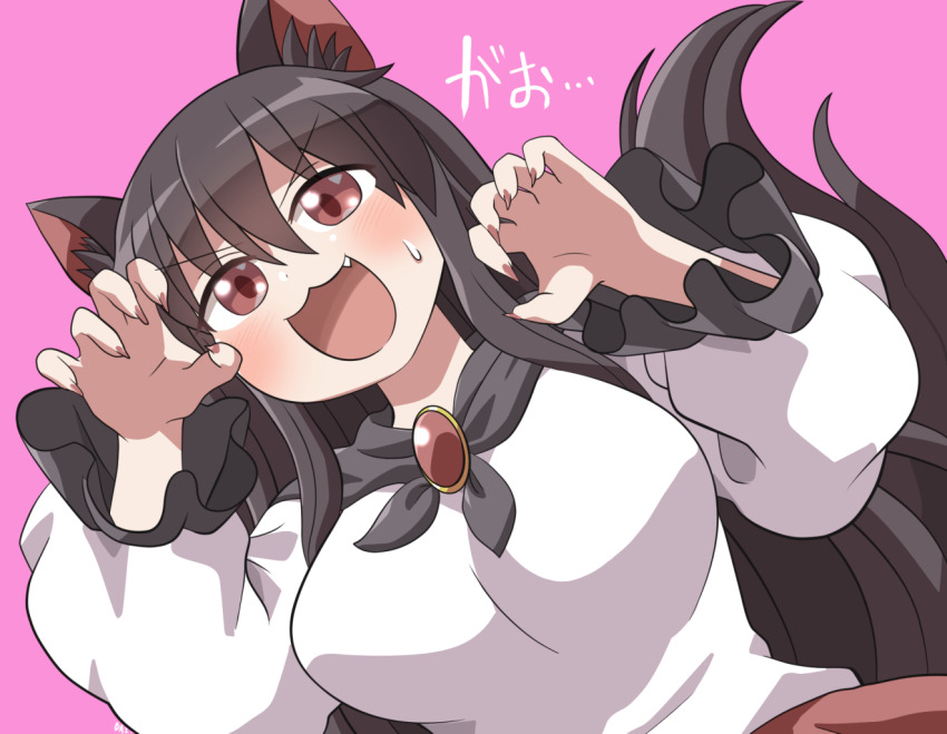 1girl :3 :d animal_ears black_hair blush breasts brooch claw_pose commentary_request dress fang frilled_sleeves frills gao hair_between_eyes imaizumi_kagerou jewelry large_breasts long_hair long_sleeves looking_at_viewer nail_polish open_mouth pink_background red_eyes red_nails rokugou_daisuke signature simple_background smile solo sweatdrop tail touhou upper_body v-shaped_eyebrows white_dress wolf_ears wolf_girl wolf_tail