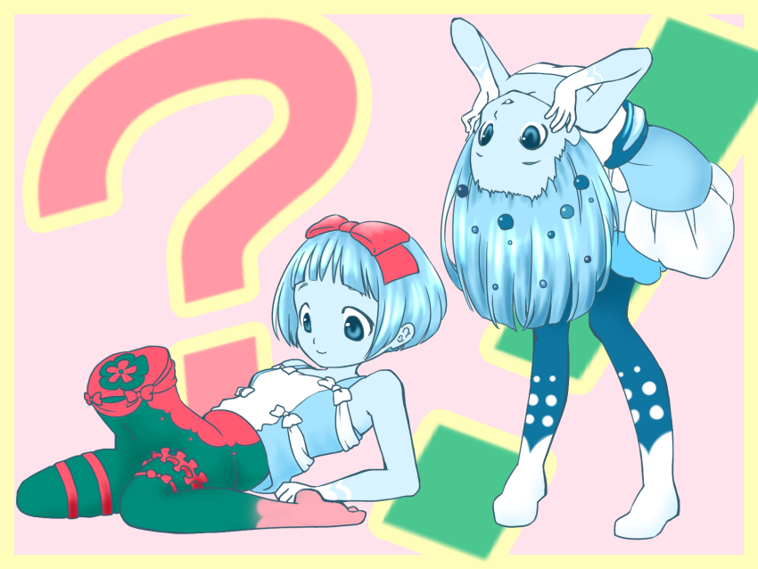 ! 2girls ? arctovish artist_request bare_shoulders blue_eyes blue_hair blue_skin border bow closed_mouth colored_skin dracovish gen_8_pokemon hair_bow highres leaning_forward long_hair multiple_girls navel nintendo outside_border parted_lips personification pink_background pokemon pokemon_swsh red_bow short_hair simple_background smile standing upside-down what yellow_border