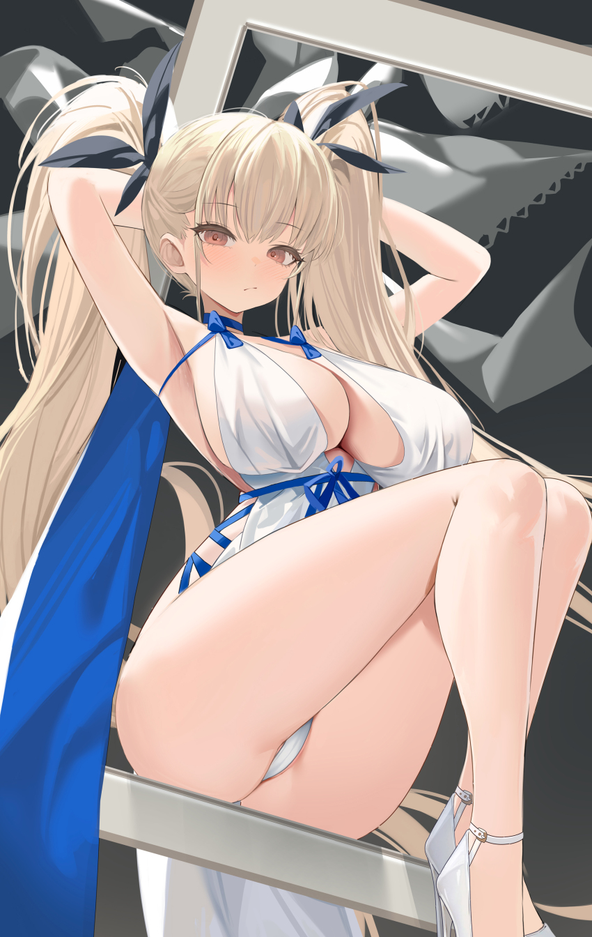 1girl absurdres akipopopopoon armpits arms_behind_head arms_up azur_lane bare_shoulders black_background blonde_hair blue_ribbon blush bow breasts cleavage commentary dress dress_bow formidable_(anniversary_memories)_(azur_lane) formidable_(azur_lane) hair_between_eyes hair_ribbon high_heels highres large_breasts leg_up long_hair looking_at_viewer official_alternate_costume paid_reward_available panties picture_frame red_eyes ribbon shoes sitting solo twintails two-sided_dress two-sided_fabric underwear very_long_hair white_dress white_panties white_shoes