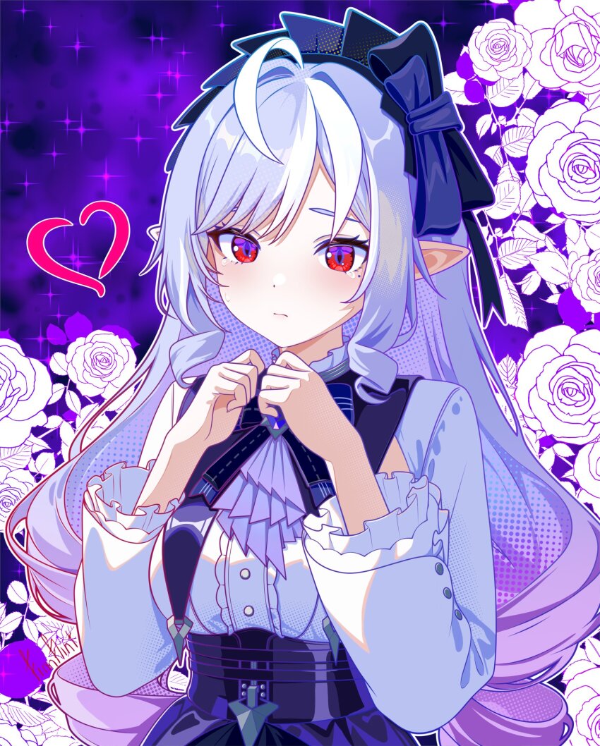 1girl blush bow buttons closed_mouth dress finn_flint floral_background flower frills hair_bow heart highres long_hair long_sleeves looking_at_viewer pointy_ears purple_hair red_eyes rose shirt solo sparkle upper_body vivian_(zenless_zone_zero) white_flower white_rose white_shirt zenless_zone_zero