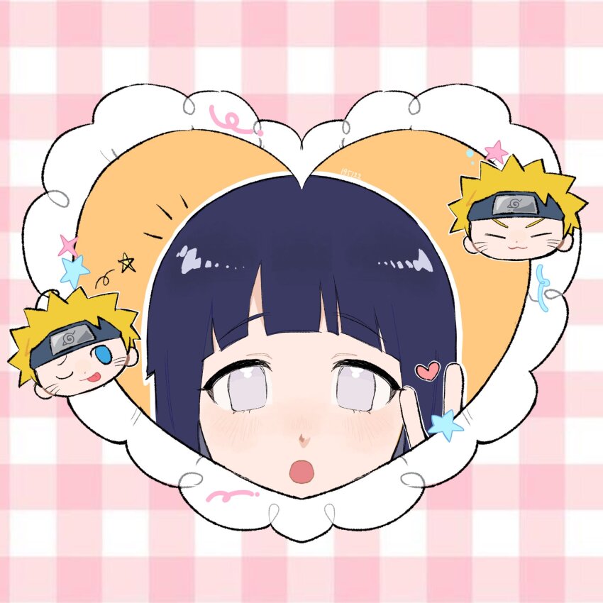 1boy 1girl :o ;p black_hair blonde_hair blue_eyes closed_eyes closed_mouth facial_mark forehead_protector hashtag-only_commentary heart highres hyuuga_hinata konohagakure_symbol naruto_(series) ns195122 one_eye_closed open_mouth star_(symbol) tongue tongue_out uzumaki_naruto whisker_markings white_eyes