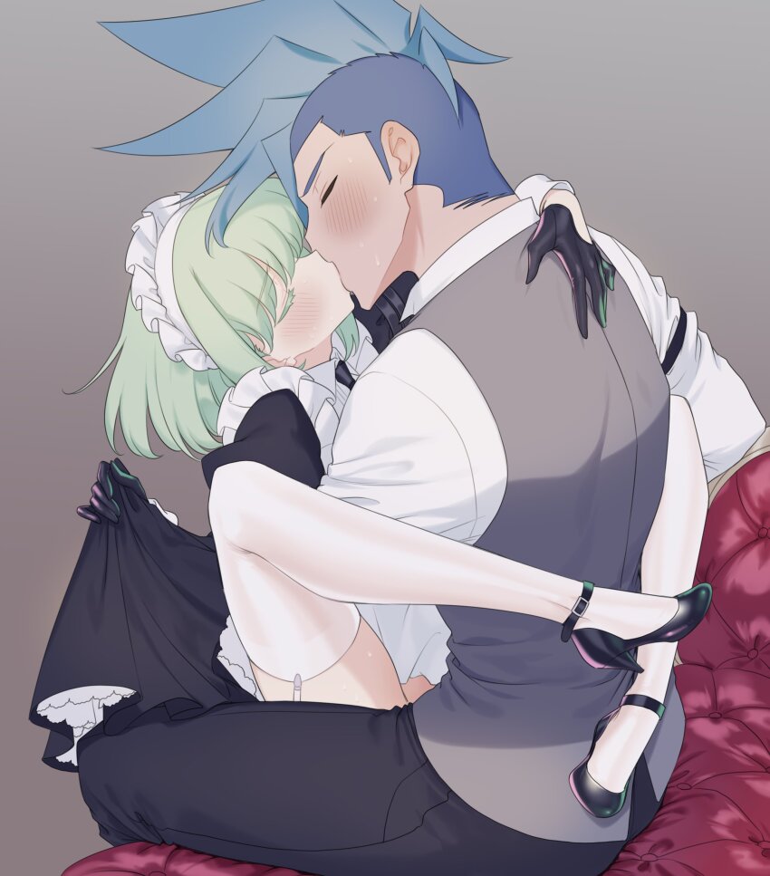 2boys absurdres black_gloves black_pants blue_hair blush burrrntlemon butler crossdressing galo_thymos gloves green_hair high_heels highres kiss lingerie lio_fotia maid male_focus male_maid multiple_boys pants promare trap underwear yaoi