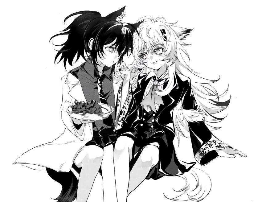 2girls animal_ears arknights ascot chinese_commentary closed_mouth coat collared_shirt commentary_request food fruit grapes greyscale hair_ornament hairclip highres invisible_chair jacket lapels lappland_(arknights) long_hair long_sleeves monochrome multiple_girls necktie notched_lapels open_clothes open_coat open_jacket open_mouth ponytail shirt simple_background sitting skirt smile tail texas_(arknights) tuitangguxuanshou white_background wide_sleeves wolf_ears wolf_girl wolf_tail