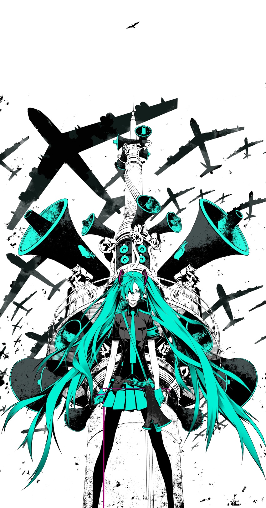 1girl absurdres aircraft airplane aqua_armband aqua_eyes aqua_hair aqua_necktie aqua_skirt armband b-52_stratofortress bird black_pantyhose bomber closed_mouth gloves hair_ornament hair_over_one_eye hatsune_miku highres holding holding_megaphone koi_wa_sensou_(vocaloid) long_hair megaphone military military_vehicle miwa_shirow necktie official_art pantyhose photoshop_(medium) pleated_skirt skirt solo speaker standing tower twintails very_long_hair vocaloid