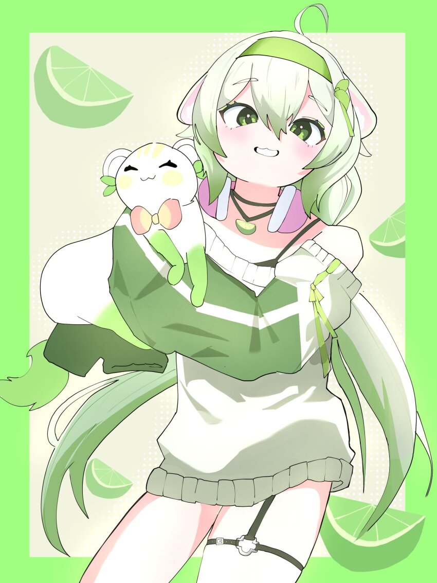 1boy 1girl ahoge animal animal_ears animal_on_shoulder asymmetrical_bangs bare_shoulders border bow bowtie chattdraws earmuffs earmuffs_around_neck eyeshadow ferret ferret_ears ferret_girl food fruit gradient_hair green_background green_border green_eyeshadow green_fur green_hair green_sweater highres holding holding_animal indie_virtual_youtuber laimu_(vtuber) laimu_(vtuber)_(cozy) leaf lime_(fruit) lime_necklace lime_slice long_hair makeup multicolored_fur multicolored_hair pink_bow pink_bowtie ribbon sweater thigh_strap twintails two-tone_hair uwu vinesauce virtual_youtuber white_fur white_hair