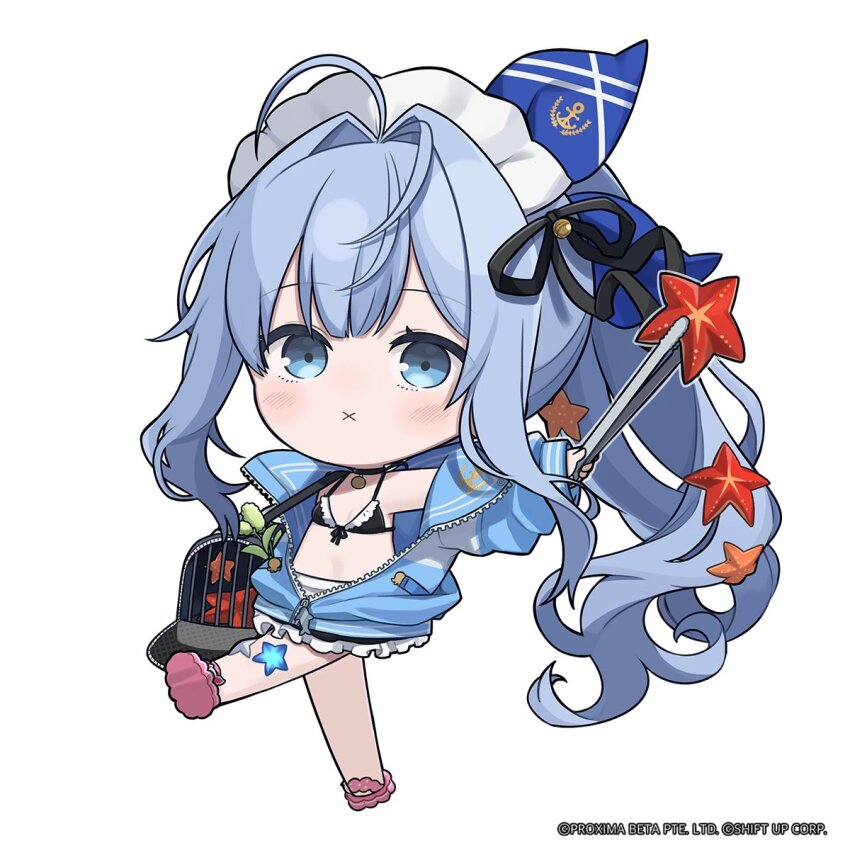 1girl ahoge anchor_(innocent_maid)_(nikke) anchor_(nikke) bikini black_bikini black_choker black_ribbon blue_eyes blue_hair blue_jacket breasts chibi choker commentary english_commentary frilled_bikini frills front-tie_bikini_top front-tie_top full_body goddess_of_victory:_nikke hair_intakes hair_ribbon highres jacket long_hair long_sleeves looking_at_viewer maid_headdress no_nose official_art open_clothes open_jacket puffy_long_sleeves puffy_sleeves ribbon sandals small_breasts solo standing standing_on_one_leg starfish swimsuit totatokeke very_long_hair x_mouth zipper zipper_pull_tab