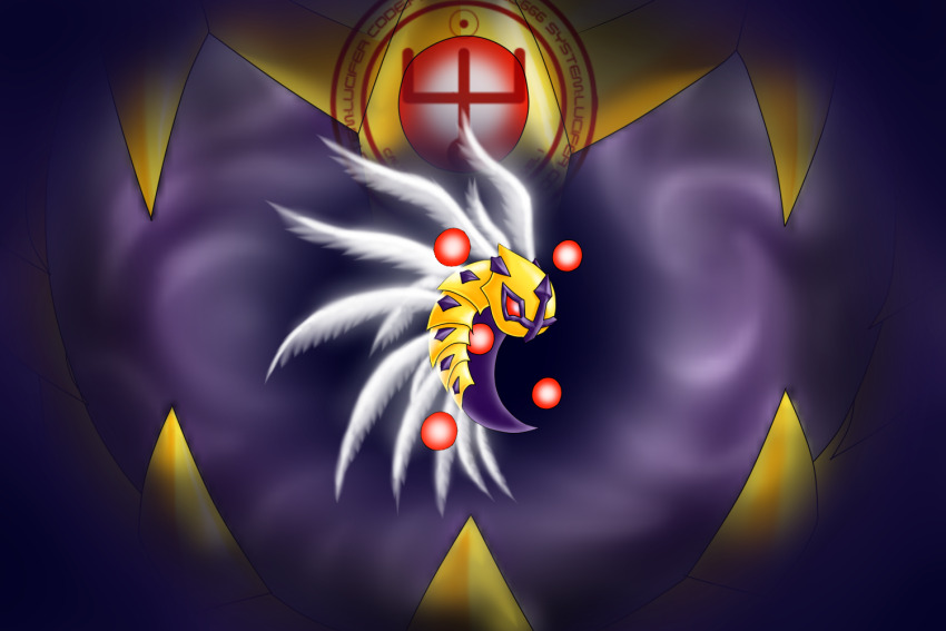 1other digimon digimon_(creature) fusion huanglongmon lucemon_larva original other_focus solo wings