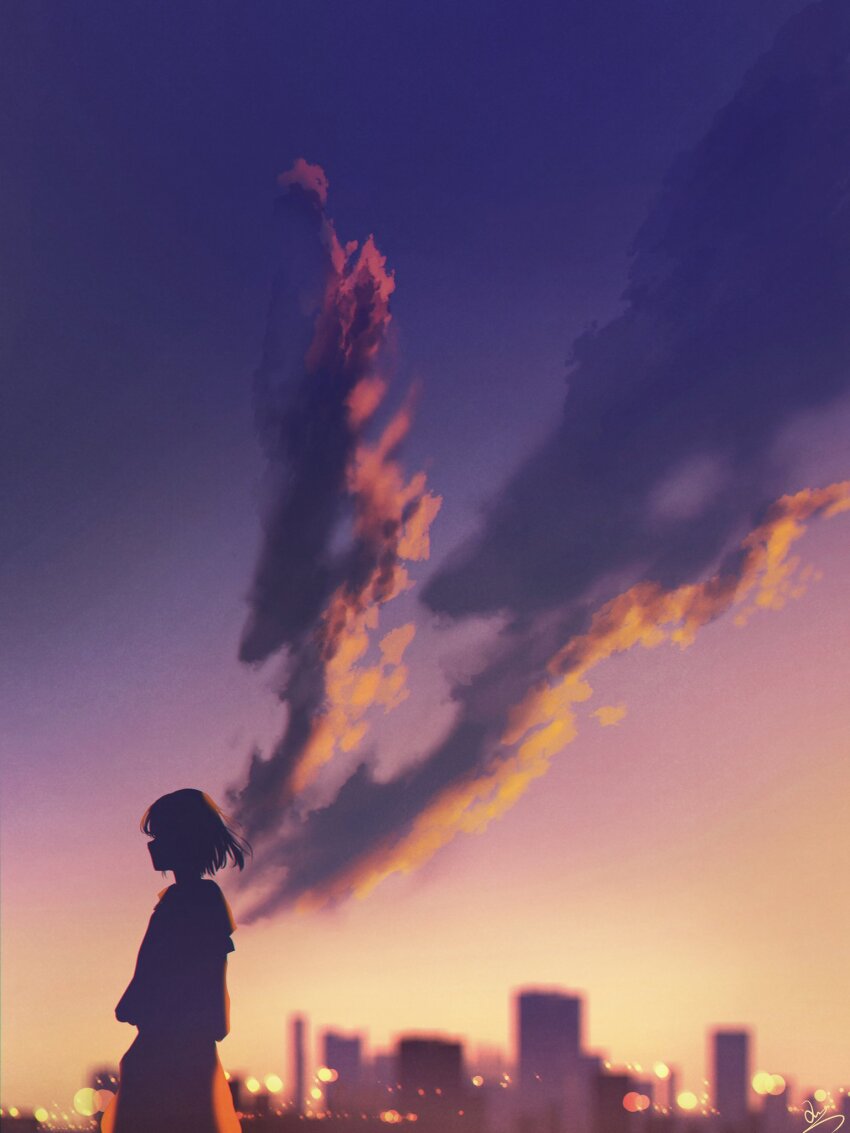 1girl blurry blurry_background bokeh cityscape cloud commentary depth_of_field english_commentary facing_to_the_side highres huashijw lens_flare original scenery short_hair signature silhouette sky solo standing