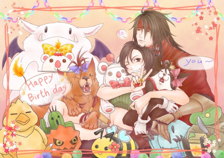 1boy 1girl animal bare_arms bee blue_bow bomb_(final_fantasy) bow box brown_eyes bug cait_sith_(final_fantasy) cape cat chocobo clawed_gauntlets cloak creature crop_top crown final_fantasy final_fantasy_vii gift gift_box gloves green_shirt grey_shorts grin hair_between_eyes happy_birthday headband highres holding holding_gift insect long_hair midriff mini_crown moogle msa_mne red_cape red_cloak red_eyes red_headband red_xiii sabotender scar scar_across_eye scar_on_face shirt short_hair shorts smile teeth tonberry tuxedo_cat upper_body v vincent_valentine white_gloves yuffie_kisaragi