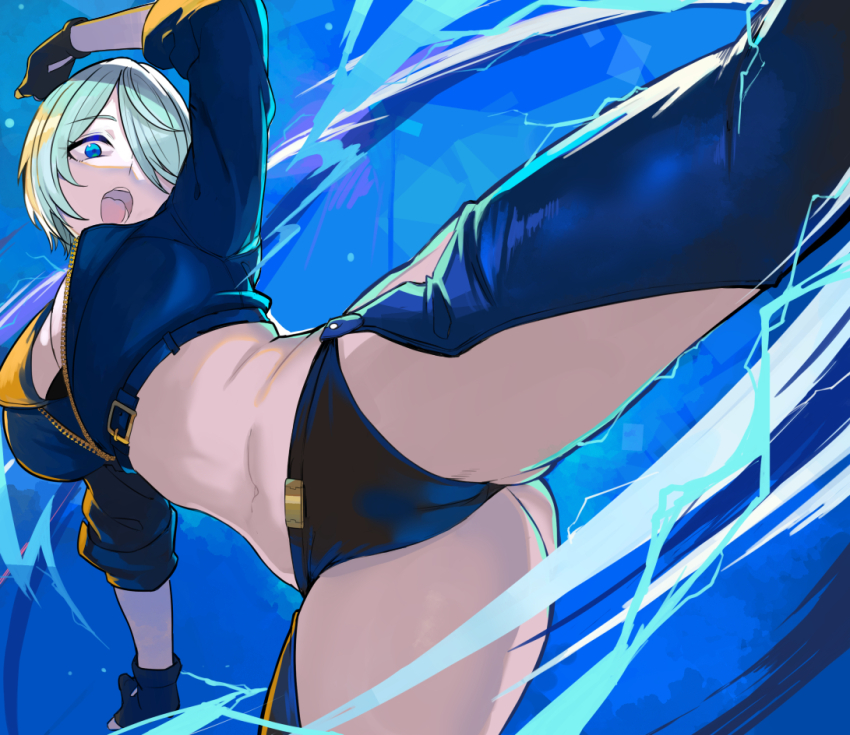 1girl angel_(kof) ashita_(2010) black_gloves blue_eyes blue_pants breasts chaps commentary_request cropped_jacket gloves grey_hair hair_over_one_eye kicking large_breasts long_sleeves looking_at_viewer open_mouth pants smile solo standing standing_on_one_leg the_king_of_fighters