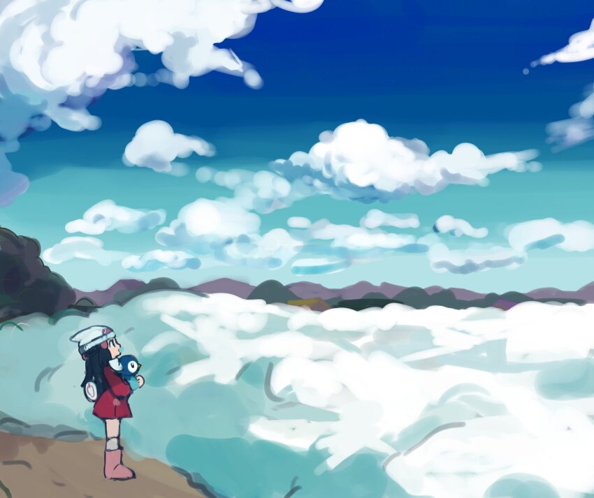 1girl beanie black_eyes black_hair blue_sky boots cloud cloudy_sky coat dawn_(pokemon) from_side full_body gen_4_pokemon hair_ornament half_updo hat highres holding holding_pokemon kneehighs long_hair long_sleeves mountainous_horizon nintendo open_mouth pink_boots piplup pokemon pokemon_(creature) pokemon_dppt pokemon_platinum red_coat scarf scenery shichibee_(stm_mimi) sky socks standing white_hat white_scarf white_socks