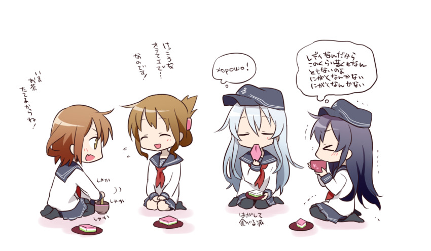 &gt;_&lt; 4girls akatsuki_(kancolle) anchor_symbol black_hair black_headwear black_pantyhose black_sailor_collar black_skirt black_socks black_thighhighs blush brown_eyes brown_hair closed_eyes fang flat_cap folded_ponytail grey_hair hair_between_eyes hat hibiki_(kancolle) hishimochi horosho ikazuchi_(kancolle) inazuma_(kancolle) kantai_collection kneehighs long_hair long_sleeves multiple_girls neckerchief open_mouth pantyhose pleated_skirt red_neckerchief russian_text sailor_collar school_uniform serafuku short_hair skin_fang skirt smile socks speech_bubble thighhighs thought_bubble translation_request yamabuki_(yusuraume)