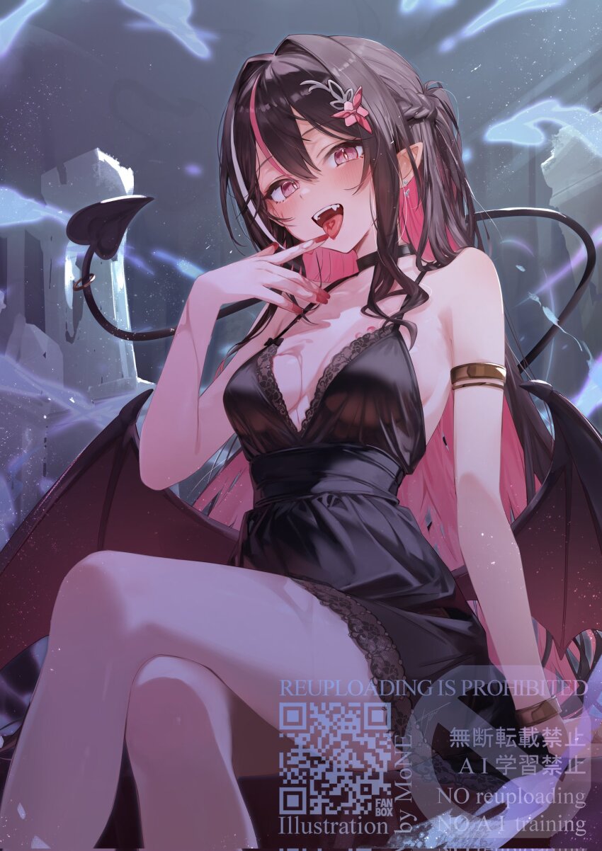 1girl azki_(hololive) black_dress black_hair black_tail breasts cleavage demon_girl demon_tail demon_wings dress halloween highres hololive motoi_(croa76) multicolored_hair open_mouth pink_hair pointy_ears sitting smile solo tail tongue tongue_out virtual_youtuber watermark white_hair wings