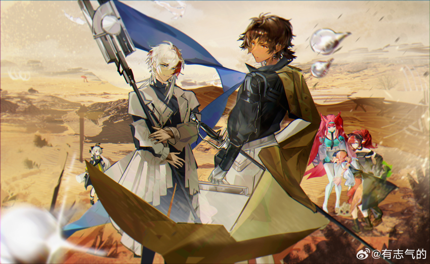 2boys 4girls absurdres arknights bare_shoulders black_cape black_dress black_hair black_jacket blue_eyes blurry blurry_foreground brown_eyes brown_hair cape chinese_commentary cloud coat commentary_request dark-skinned_male dark_skin desert detached_collar dress ear_piercing earrings elysium_(arknights) flag high_collar highres hill holding holding_flag holding_weapon jacket jewelry leaning_forward long_hair looking_at_viewer looking_back multicolored_hair multiple_boys multiple_girls necktie outdoors piercing pink_hair ray_(arknights) ray_(dreaming_high)_(arknights) red_hair revision rose_salt_(arknights) sand short_hair sky smile standing streaked_hair sword tecno_(arknights) thorns_(arknights) thorns_the_lodestar_(arknights) two_side_up very_long_hair watermark weapon weedy_(arknights) weibo_watermark white_coat white_hair white_jacket yellow_cape you_zhiqi_de