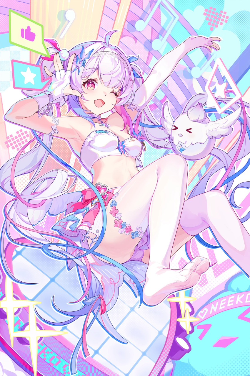 &gt;_&lt; 1girl ahoge animal armpits asymmetrical_gloves beamed_eighth_notes blue_background blue_hair bra breasts character_request copyright_request elbow_gloves fingerless_gloves foot_out_of_frame gloves highres long_hair looking_at_viewer mismatched_gloves multicolored_hair musical_note musical_staff no_shoes one_eye_closed open_mouth pantyhose pink_background pink_eyes pink_hair qianze_chia sidelocks skirt small_breasts smile soles star_(symbol) stomach strapless strapless_bra streaked_hair thighhighs thighs thumbs_up toes underwear very_long_hair virtual_youtuber white_bra white_gloves white_pantyhose white_skirt