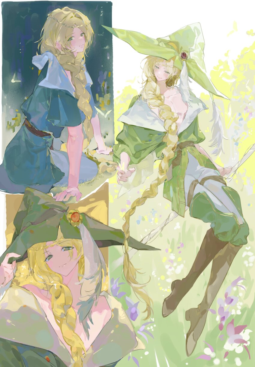 1boy absurdres blonde_hair boots braid braided_ponytail green_eyes green_robe hair_over_shoulder hat highres jewelry knee_boots long_hair looking_at_viewer magi_the_labyrinth_of_magic male_focus multiple_views pants pectorals plume robe smile solo_focus staff unelamain very_long_hair witch_hat yunan