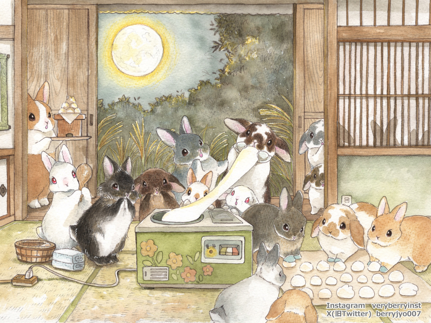 animal animal_ears animal_focus artist_name berry_jou bucket cable dango eating electric_plug food full_moon highres mochitsuki moon no_humans open_door original power_strip rabbit rabbit_ears rabbit_tail sanbou shouji sliding_doors tail towel traditional_media tsukimi tsukimi_dango wagashi
