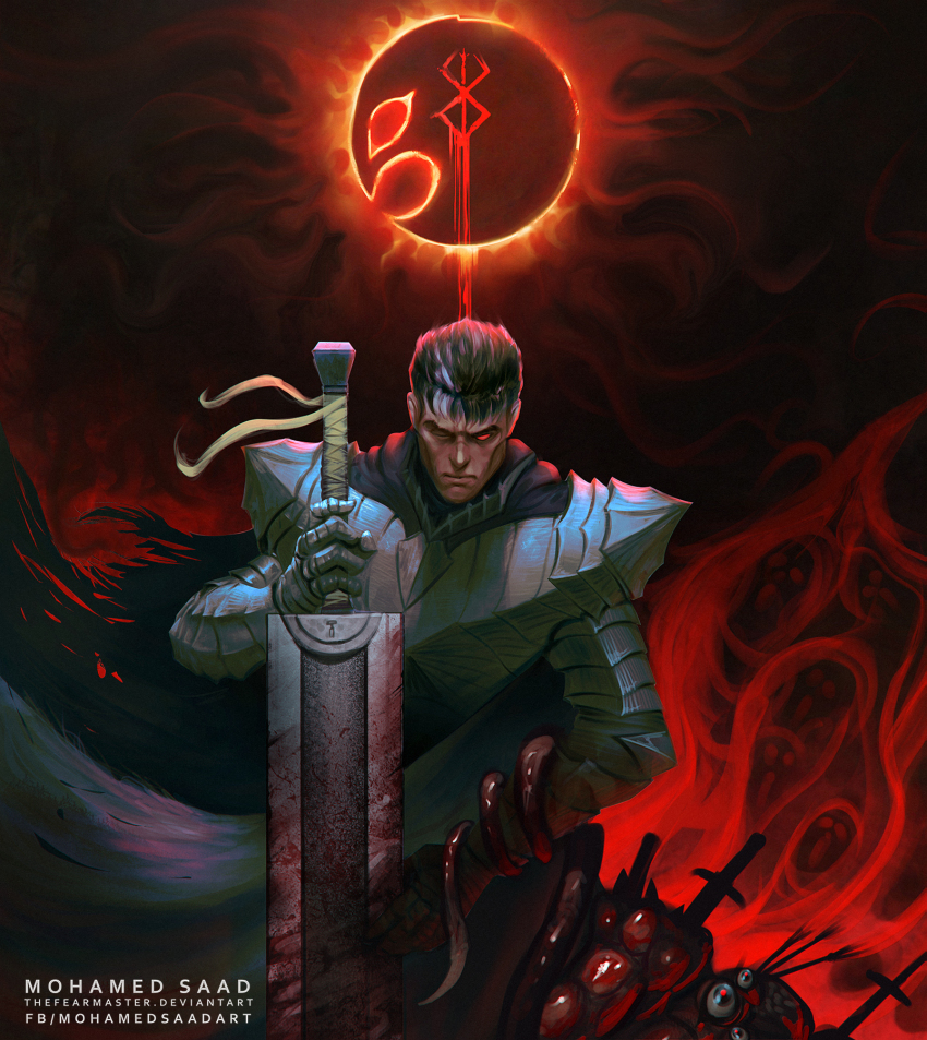 1boy armor arrow_(projectile) artist_name berserk berserker_armor black_cloak black_hair blood bloody_weapon brand_of_sacrifice cloak closed_mouth commentary dragonslayer_(sword) eclipse english_commentary facing_viewer glowing glowing_eye guts_(berserk) highres holding holding_sword holding_weapon male_focus multicolored_hair one_eye_closed red_eyes short_hair shoulder_armor solar_eclipse solo spiked_hair streaked_hair sword tentacles thefearmaster torn_cloak torn_clothes weapon