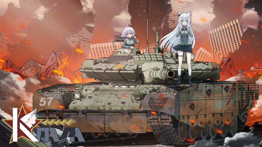 2girls adjusting_hair animal_ears antennae battle belt binoculars black_footwear blue_eyes boots brown_belt building bullet_hole cat_ears caterpillar_tracks chinese_commentary city cloud commentary_request day embers emblem fire full_body green_jacket grey_sky hair_ornament headset highres holding holding_binoculars jacket logo long_hair long_sleeves mecha military_vehicle motor_vehicle multiple_girls on_tank open_mouth original outdoors reactive_armor robot rubble russian_text short_hair sky smoke socks sparkle t-80 tank tank_turret thigh_strap thighs vehicle_focus white_hair white_socks wuming_yaoguai