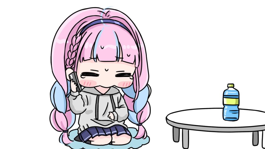 1girl blue_hair blue_skirt bottle braid cellphone chibi closed_eyes drawstring grey_hoodie hairband highres holding holding_phone hololive hood hood_down hoodie long_hair long_sleeves low_twintails minato_aqua mochimiko multicolored_hair phone pink_hair pleated_skirt puffy_long_sleeves puffy_sleeves purple_hairband seiza simple_background sitting skirt solo table tears twin_braids twintails two-tone_hair very_long_hair virtual_youtuber water water_bottle white_background yurie_mouth
