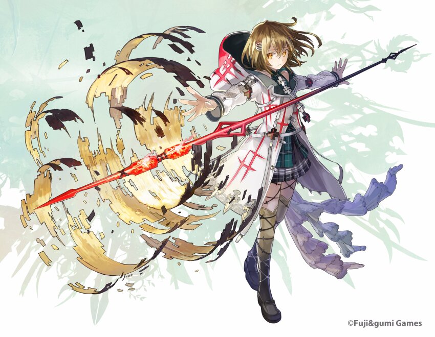 1girl absurdres closed_mouth commentary_request floating floating_object floating_weapon full_body green_background highres hood hooded_jacket jacket long_sleeves longinus_(phantom_of_the_kill) medium_hair official_alternate_costume official_art outstretched_arm outstretched_arms phantom_of_the_kill plaid_clothes pleated_skirt polearm second-party_source shadow simple_background skirt solo spear spread_arms standing thighhighs two-tone_background watarubou weapon white_background white_hood white_jacket