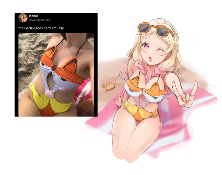1girl ;d absurdres beach_towel blonde_hair braid breasts casual_one-piece_swimsuit character_print collarbone colored_eyelashes commentary crab english_commentary eyewear_on_head fox_shadow_puppet full_body garfield garfield_(character) garfini hand_rest highres hito_(maruhito) large_breasts looking_at_viewer love_live! love_live!_superstar!! low_twin_braids one-piece_swimsuit one_eye_closed onitsuka_natsumi open_mouth orange-framed_eyewear orange_nails outstretched_arm photo_inset pink_eyes reference_inset sitting smile solo sunglasses swimsuit towel twin_braids two-tone_nails white_background yellow_nails