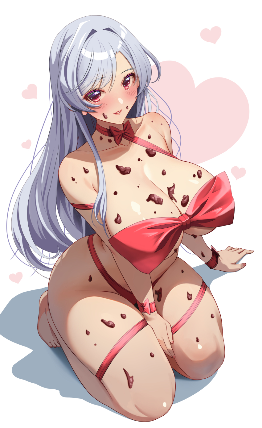 1girl absurdres akihiro0920 barefoot blush breasts chocolate chocolate_on_body chocolate_on_breasts chocolate_on_face cleavage collarbone commentary_request eiai_nano feet food food_on_body food_on_face grey_hair heart highres huge_breasts kimi_no_koto_ga_dai_dai_dai_dai_daisuki_na_100-nin_no_kanojo kneeling long_hair looking_at_viewer naked_ribbon nude parted_bangs parted_lips purple_eyes red_ribbon ribbon sidelocks simple_background smile solo toes valentine white_background