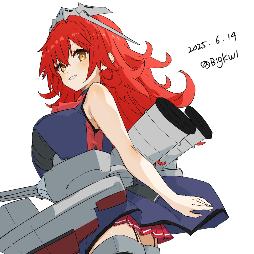 1girl absurdres bigkwl black_overskirt black_wrist_cuffs blush breasts dated dress garter_straps general_belgrano_(kancolle) hair_between_eyes headgear highres kantai_collection lace lace-trimmed_thighhighs lace_trim large_breasts long_hair long_necktie looking_at_viewer machinery phoenix_(kancolle) red_eyes red_hair ship_turret shirt sleeveless smile smokestack solo thighhighs twitter_username wrist_cuffs