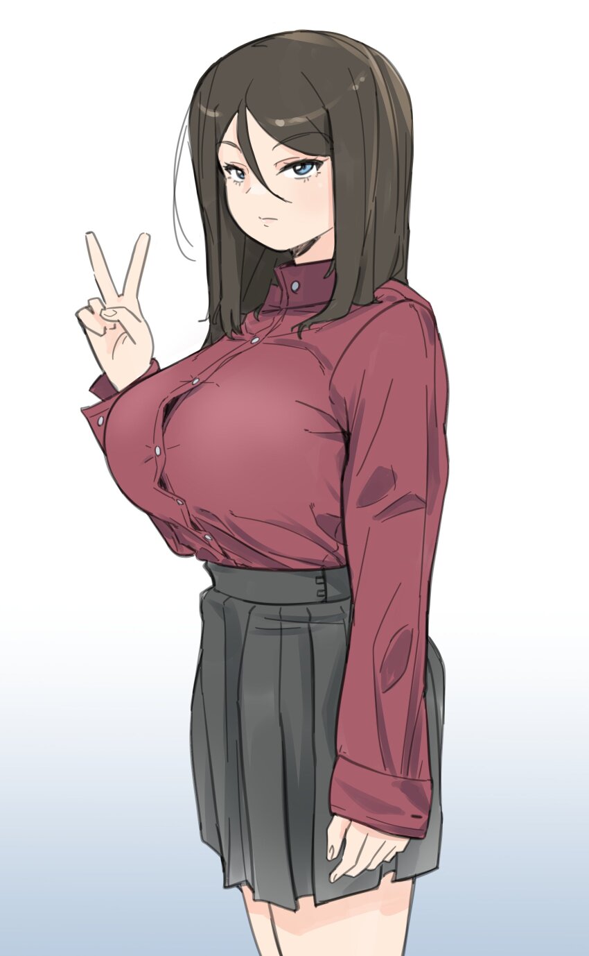 1girl absurdres black_hair blue_eyes blush breasts closed_mouth girls_und_panzer gradient_background highres huaronanago large_breasts long_hair looking_at_viewer military_uniform nonna_(girls_und_panzer) pravda_military_uniform red_shirt shirt simple_background solo v