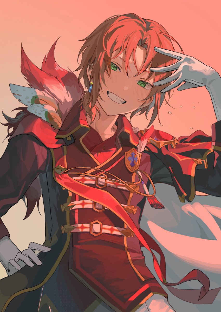 1boy :d absurdres arm_up band_uniform bishounen blush cross cross_patonce dcja7724 elbow_gloves emblem ensemble_stars! evening feather_shawl gloves gradient_background green_eyes grin hair_over_shoulder hand_on_own_head hand_on_own_hip highres jacket lapel_pin latin_cross long_sleeves looking_at_viewer male_focus middle_part open_mouth orange_background orange_hair parted_hair ponytail short_hair short_ponytail side_cape sleeves_rolled_up smile solo sweatdrop three-quarter_sleeves tsukinaga_leo upper_body water_drop white_gloves wing_collar yellow_background