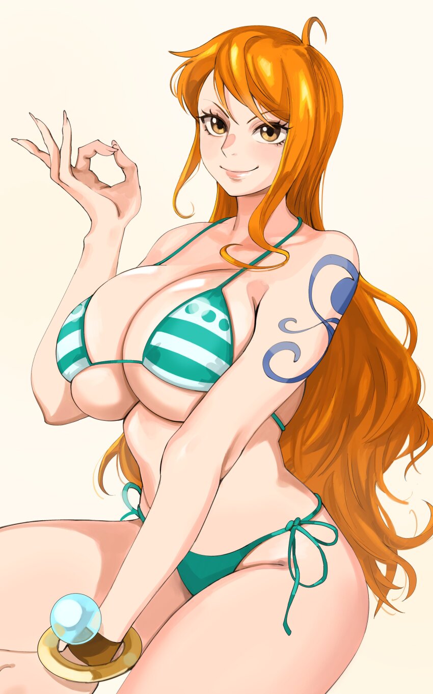 1girl absurdres ahoge arm_tattoo beige_background bikini bracelet breasts cleavage curvy green_bikini hand_on_floor highres jewelry joy_boy_(jerrydurd) large_breasts long_hair looking_at_viewer money money_gesture nami_(one_piece) nami_(one_piece)_(post-timeskip) one_piece orange_eyes orange_hair shiny_skin side-tie_bikini_bottom smile striped_bikini_top swimsuit tattoo thong thong_bikini wide_hips