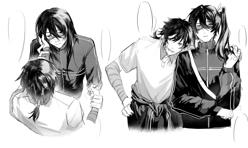 2boys absurdres alternate_hairstyle bandaged_arm bandages chinese_commentary closed_mouth clothes_around_waist collared_shirt commentary_request greyscale grin hair_between_eyes hand_on_another&#039;s_shoulder hand_on_own_hip highres huai_yunqing jacket jacket_around_waist long_hair long_sleeves male_focus monochrome multiple_boys multiple_views official_alternate_costume polo_shirt shirt short_sleeves side_ponytail smile touqi_guaitan yanlieshan ziche_fuzhao