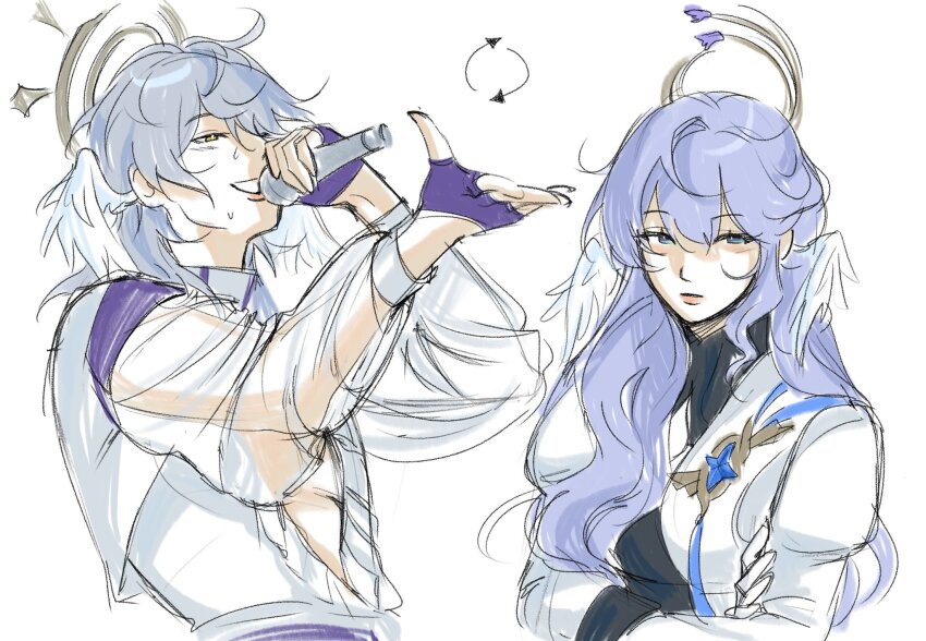 1boy 1girl arrow_(symbol) blue_eyes brother_and_sister commentary crossed_arms english_commentary fingerless_gloves gloves grey_hair halo halo_behind_head hand_up head_wings highres holding holding_microphone honkai:_star_rail honkai_(series) jacket long_hair microphone moriveea purple_gloves robin_(honkai:_star_rail) role_reversal siblings smile sunday_(honkai:_star_rail) white_jacket white_wings wings yellow_eyes