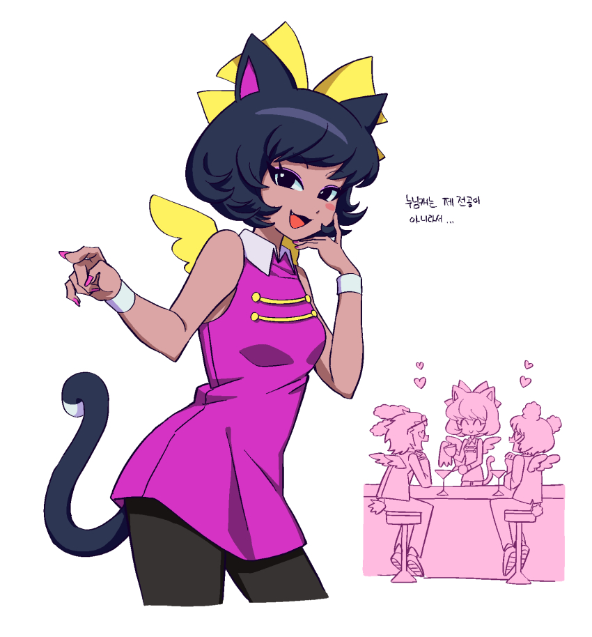 1girl 2boys :d animal_ears bar_stool bare_shoulders black_eyes black_hair bow cat_ears cat_girl cat_tail commentary_request counter cropped_legs dark-skinned_female dark_skin fang hair_bow highres korean_text kuma_(pripara) lau_(laustar30) looking_at_viewer multiple_boys multiple_views nail_polish neko_(pripara) open_mouth personification pink_shirt pretty_series pripara shirt short_hair simple_background sitting sleeveless sleeveless_shirt smile solo_focus standing stool tail translation_request usagi_(pripara) white_background wrist_cuffs yellow_bow yellow_wings