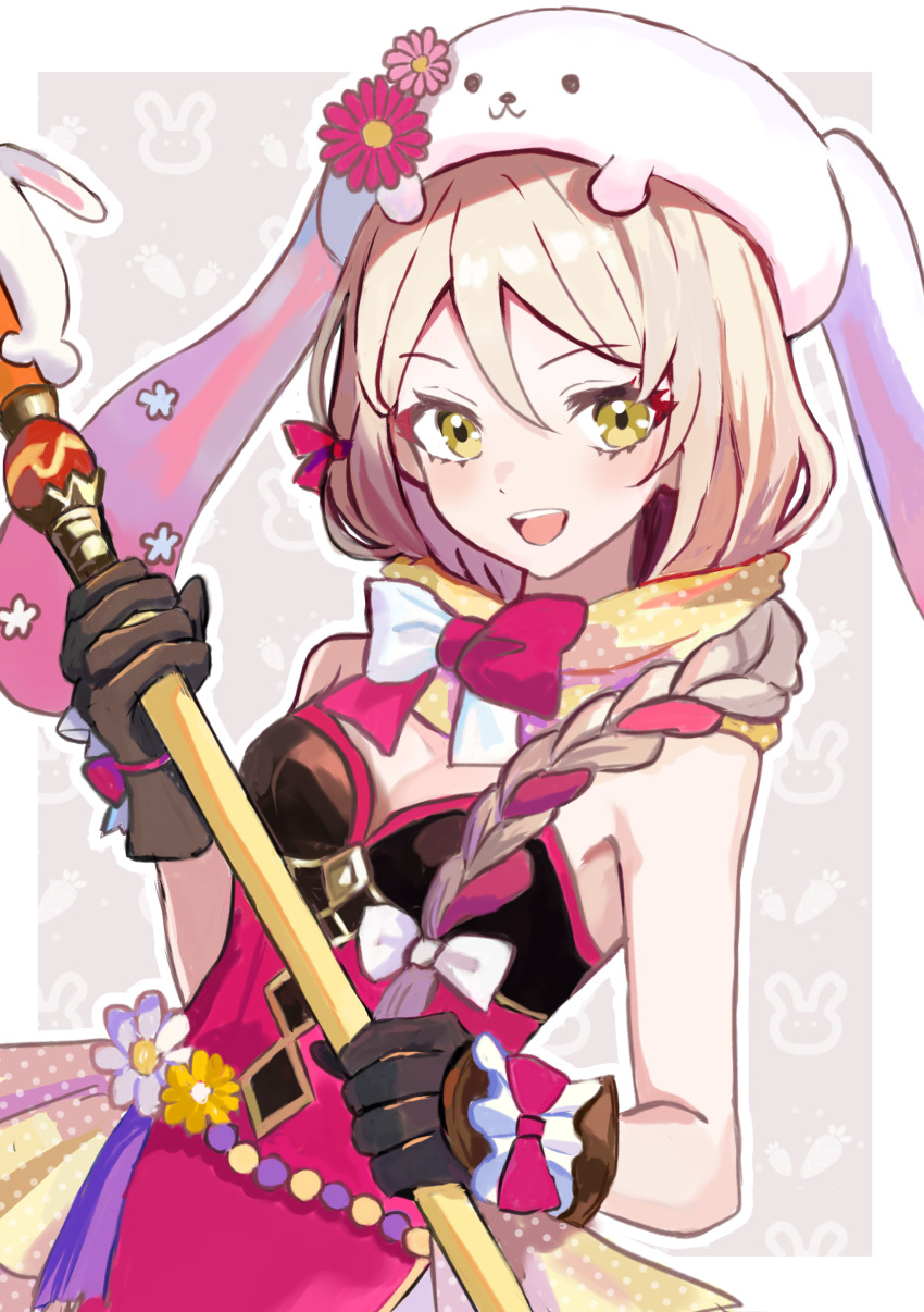 1girl :d absurdres animal_hat axe bare_shoulders blonde_hair border bow braid braided_ponytail breasts brown_gloves carrot_background expressive_clothes fire_emblem fire_emblem_engage fire_emblem_heroes flower framme_(fire_emblem) framme_(spring)_(fire_emblem) gloves grey_background hair_over_shoulder hat highres holding holding_axe holding_weapon looking_at_viewer medium_breasts multicolored_hair nintendo official_alternate_costume open_mouth outside_border pink_bow pink_flower pink_hair rabbit_background rabbit_hat scarf simple_background smile solo teeth two-tone_bow two-tone_hair upper_body upper_teeth_only weapon white_border white_bow white_flower yellow_eyes yellow_flower yuurururun
