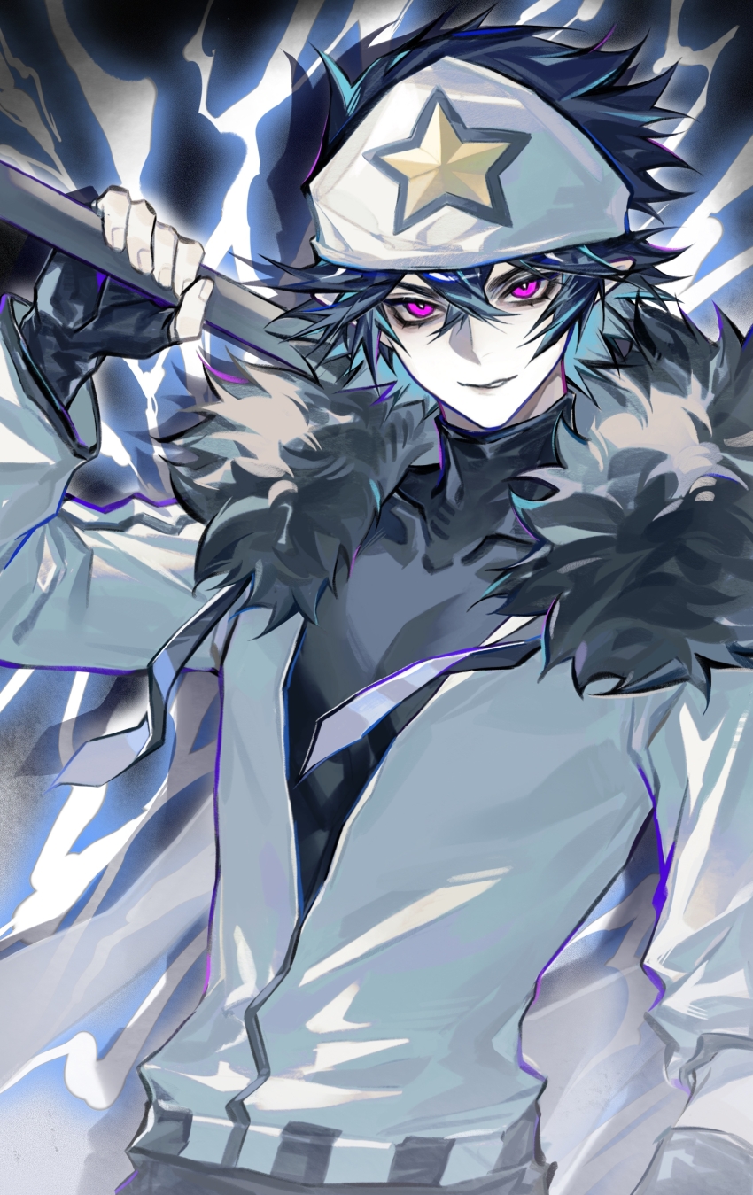 1boy 5236905043 absurdres aotu_world bandana belt black_gloves black_hair black_shirt chinese_commentary covered_collarbone drawstring electricity fingerless_gloves fur-trimmed_jacket fur_collar fur_trim gloves grin hair_between_eyes hand_on_own_hip headband highres holding holding_weapon jacket long_sleeves looking_at_viewer male_focus official_alternate_costume over_shoulder parted_lips pointy_ears purple_eyes ray_(aotu_world) shirt short_hair smile solo star_(symbol) star_print teeth turtleneck upper_body weapon weapon_over_shoulder white_headband white_jacket