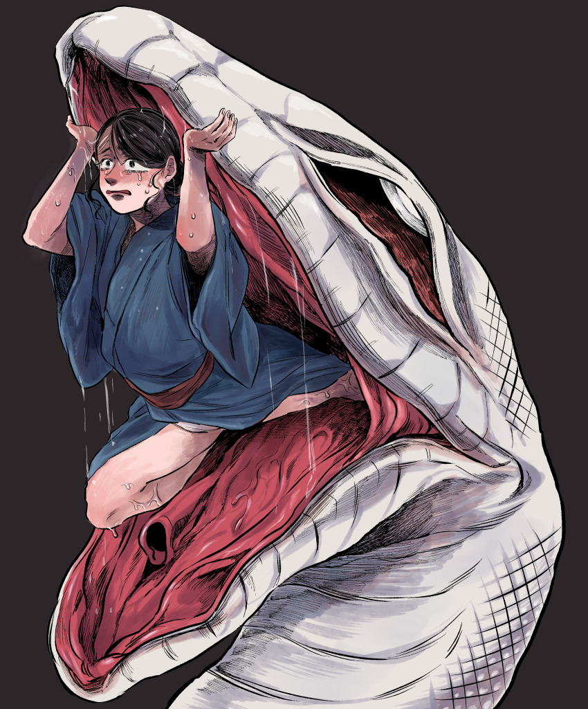 1girl absurdres animal black_background black_hair daija_(daija_ni_totsuida_musume) daija_ni_totsuida_musume fundoshi giant_snake highres interspecies japanese_clothes kimono kumoashif miyo_(daija_ni_totsuida_musume) open_mouth original oversized_animal saliva sash snake vore white_eyes white_snake