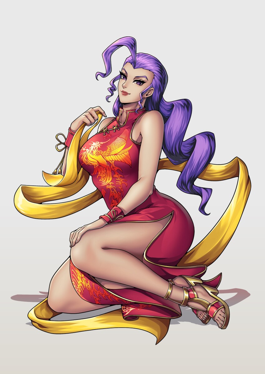 1girl absurdres china_dress chinese_clothes commission commissioner_upload cosplay dead_or_alive dead_or_alive_5 dress high_heel_sandals highres lei_fang lei_fang_(cosplay) lipstick looking_at_viewer makeup purple_eyes purple_hair red_sandals rose_(street_fighter) sandals sitting street_fighter street_fighter_zero_(series) tagme toeless_footwear toes tre_artz