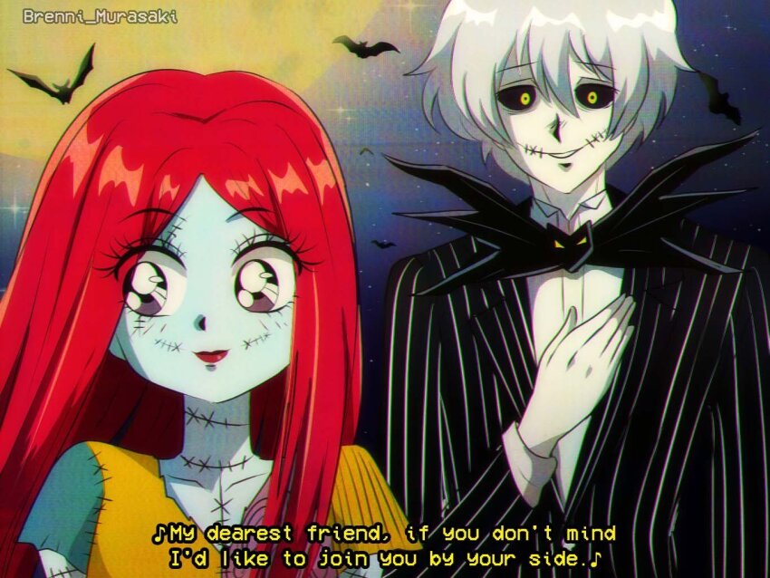1boy 1girl brenni_murasaki colored_skin dress formal_clothes humanization jack_skellington jacket long_hair long_sleeves open_mouth patchwork_skin pinstripe_pattern red_hair sally_(nbc) simple_background skeleton smile stitched_face stitches striped_clothes suit the_nightmare_before_christmas