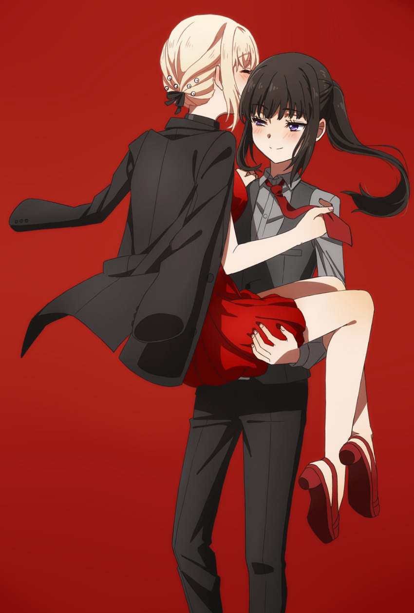 2girls black_hair black_jacket black_pants black_vest blonde_hair blush carrying closed_eyes collared_shirt dress grey_shirt highres inoue_takina jacket jacket_on_shoulders long_hair long_sleeves lycoris_recoil multiple_girls necktie nishikigi_chisato oiun pants ponytail purple_eyes red_background red_dress red_footwear red_necktie shirt shoes simple_background smile standing vest yuri