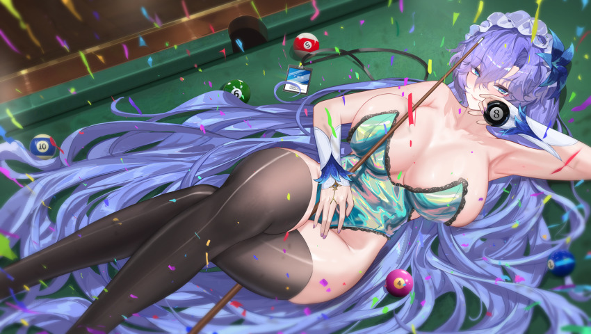 1girl 8-ball absurdly_long_hair alternate_breast_size alternate_costume aqua_leotard arm_up armpits ball bare_shoulders black_thighhighs blue_eyes blue_flower breasts cantarella_(wuthering_waves) closed_mouth collarbone commentary confetti crossed_legs feet_out_of_frame fingernails flower from_above hair_between_eyes hair_flower hair_ornament hair_spread_out headdress highres holding holding_ball huge_breasts id_card lanyard leotard light_blush long_hair lying mole mole_under_eye nail_polish nick_laojiao on_back on_table pool_table purple_hair purple_nails smile solo strapless strapless_leotard table thick_thighs thighhighs thighs unworn_lanyard very_long_hair wuthering_waves