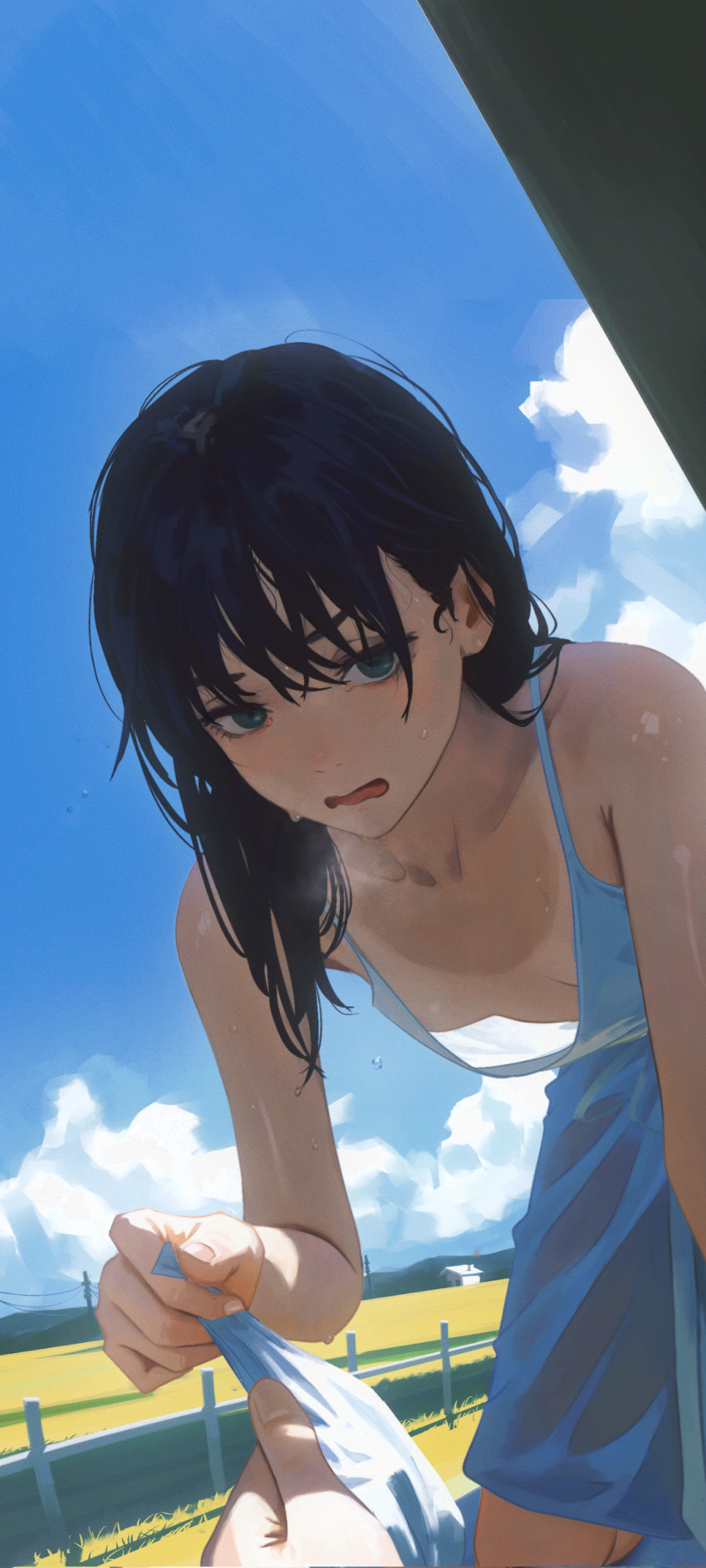 1girl 1other absurdres all_fours aqua_eyes bare_shoulders black_hair blue_sky blush breasts chainsaw_man chinese_commentary cloud corrupted_twitter_file day dress highres long_hair looking_at_viewer mitaka_asa no_bra open_mouth pov sky sleeveless sleeveless_dress small_breasts solo_focus sweat tan tanline variant_set white_dress yao_liao_wang
