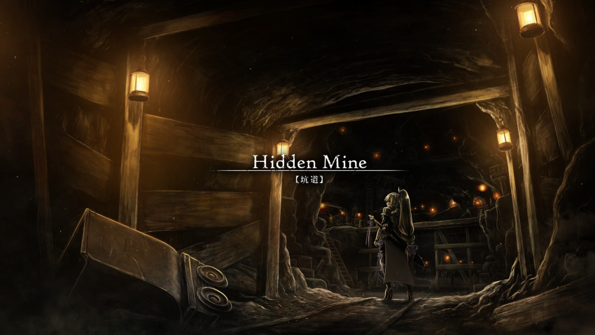 1girl blonde_hair english_text fantasy highres indoors lantern long_hair minecart mineshaft original ponytail sasaki_(sasaki1de0) scenery sheath sheathed solo sword weapon